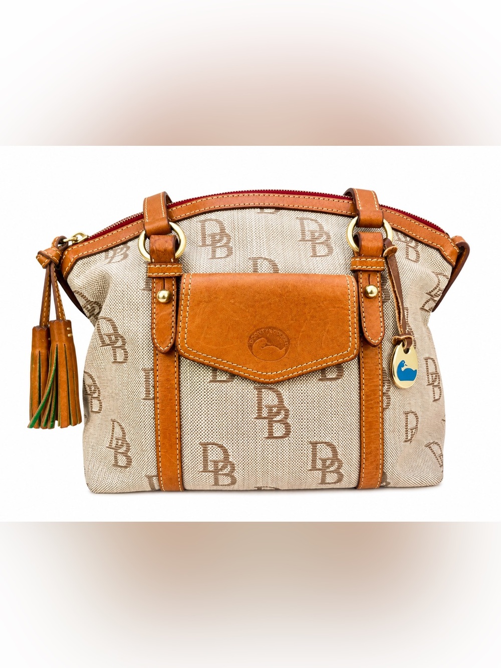 Dooney & Bourke Florentine Jacquard Front Pocket Satchel British Tan Leather EUC